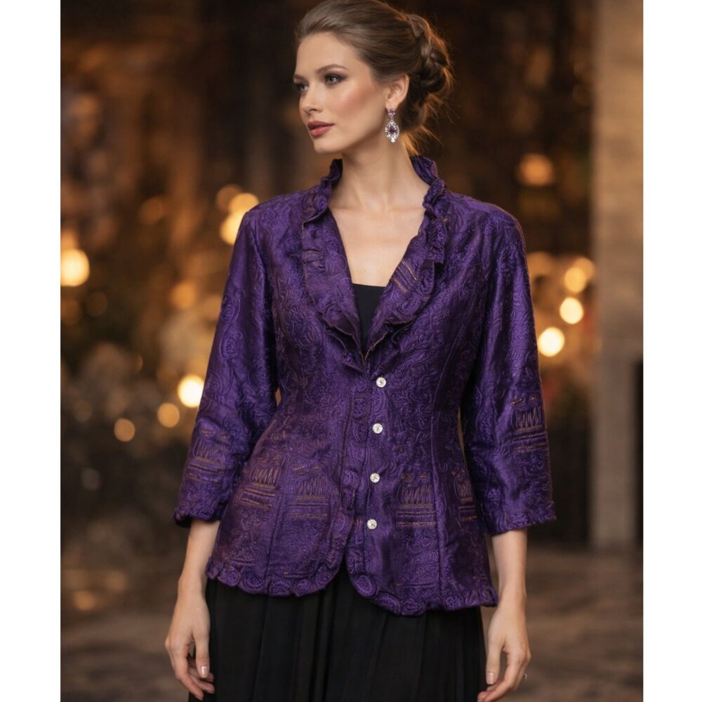 Vintage Agora Blazer Jacket Embroidered Jacquard Purple Ruffled size M Evening